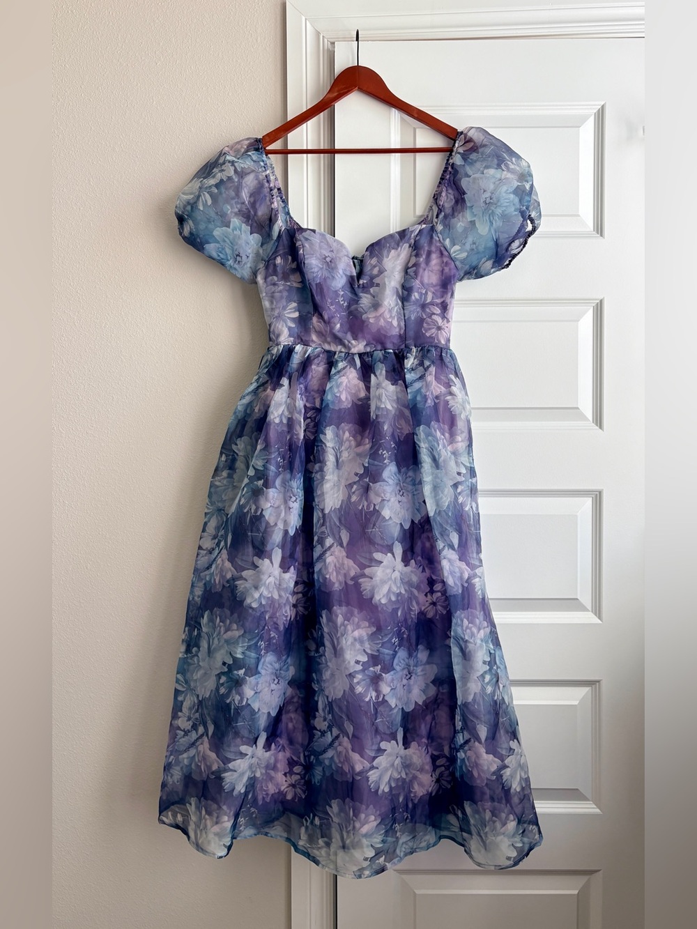 Lulus Lovely Statement Purple Floral Organza Tie Back Midi Dress M